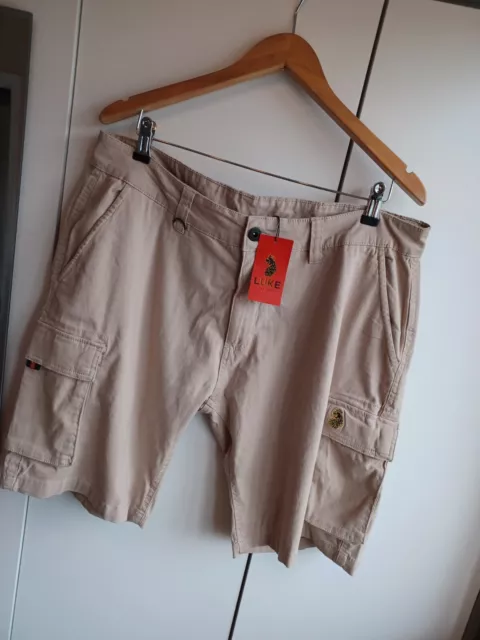 Luke 1977 Mens Beige Stone Cargo Shorts Cotton Size 36W £65