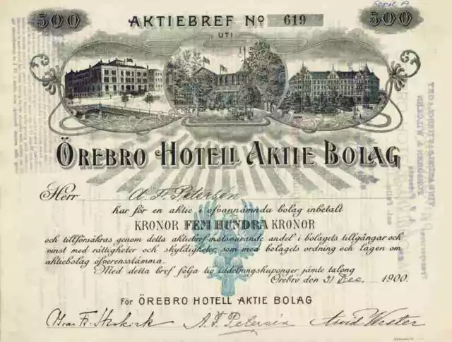 Örebro Hotell Aktie Bolag 1900 Orebro Schweden 500 Kronen A. F. Petersen DEKO