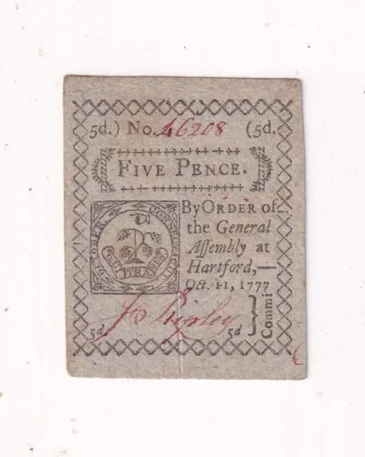 1777 Connecticut Usa Colonial 5 Pence Banknote, S537 M16