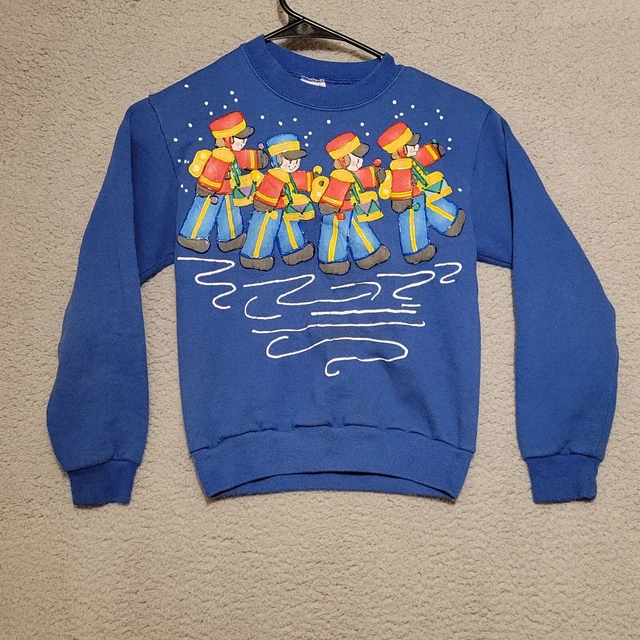 Vintage Jerzees Blue Christmas Toy Drummer Sweatshirt Youth Sz M 8-10 Distressed