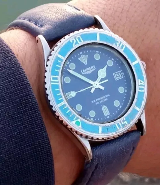 Vintage Diver Watch Laurens Sub Professional 200M Quartz Blue Dial Wristwatch