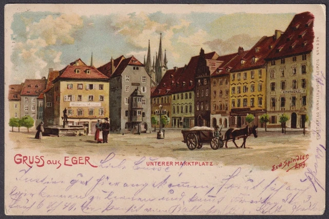 Gruss Aus Eger Cheb Piazza Del Mercato Ak Lithograph Boemia Bohemia Cesko Czech