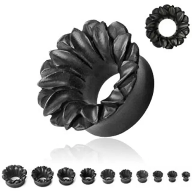 Pair of Organic Black Areng Wood Lotus Flower Ear Plugs Tunnels Gauge E147