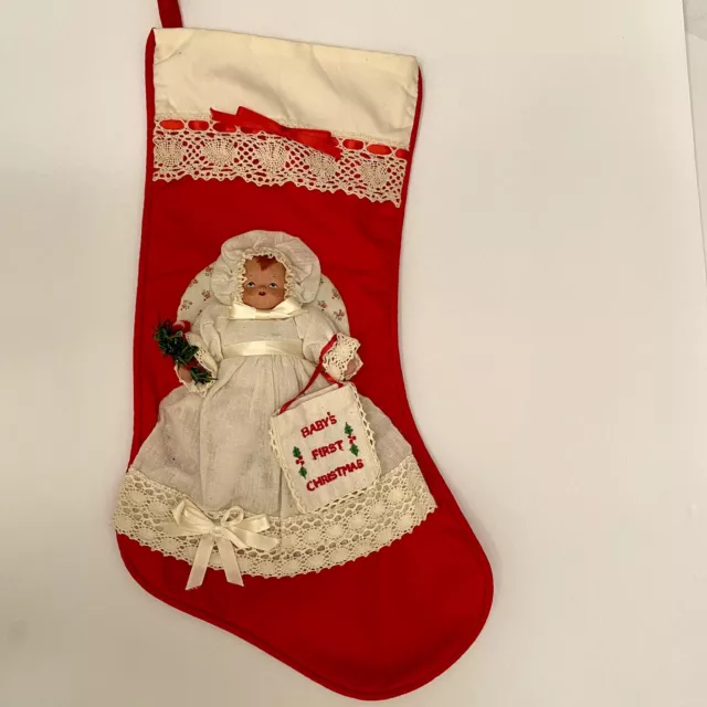 VINTAGE HOUSE OF Hatten Carved Face 3D Stocking Babys First Christmas