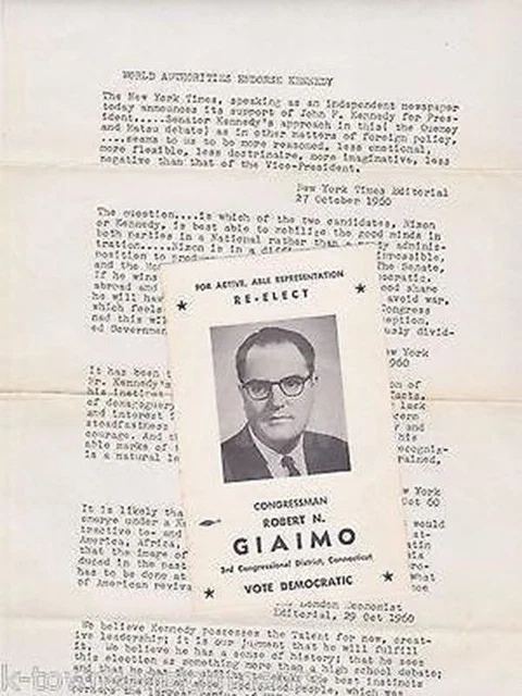 Robert Giaimo Ct Congressman Election Campaign Flyer & Jfk Endorsements Page