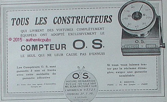 Publicite Compteur Os O.s. Pour Automobile E. Seignol De 1913 French Ad Car Pub