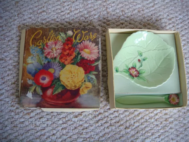 Boxed Wild Rose Green Carlton Ware Butter Dish/Saucer & Knife