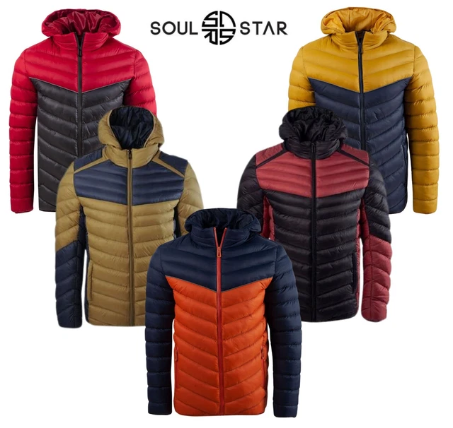 Mens Soulstar Puffer Jacket Long Sleeves Lightweight Hooded Padded Coat S-2XL