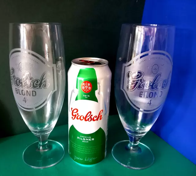 Royal Grolsch Blond 4% One Pint Two Glasses & Empty Can Beer Pilsner Holland