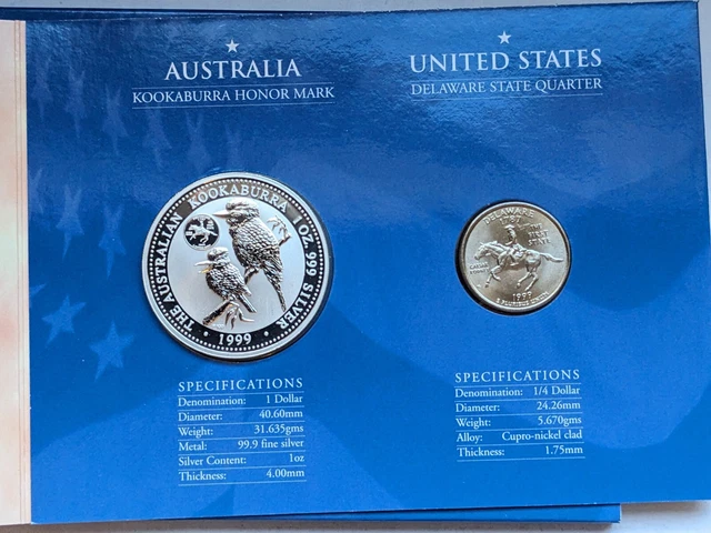 1999 Australia Honor Mark Kookaburra 1oz 99.9% Silver Delaware 25c Perth Mint