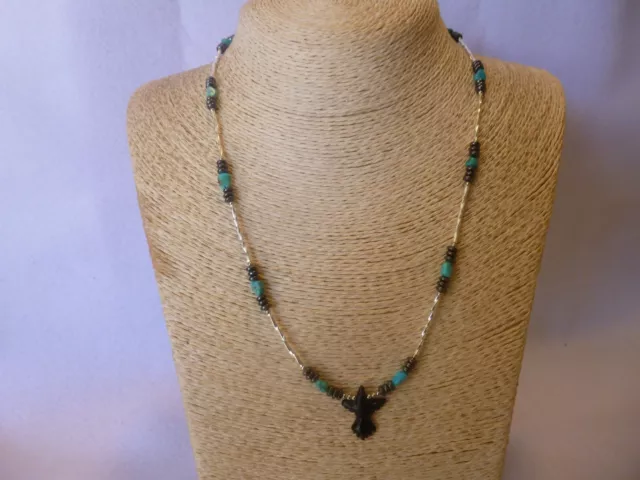 Black Onyx Thunderbird Pendant  Hematite And Turquoise Native American Necklace