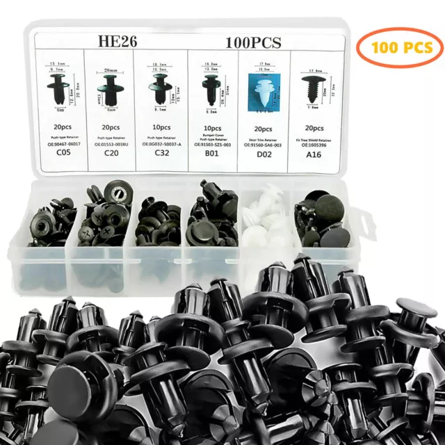 6 Size 100pc Car Clip Trim Push Pin Rivet Bumper Door Panel Retainer Assortment
