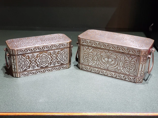 ANTIQUE Philippine Mindanao Betel Nut Boxes  Silver-Inlay Islamic Design 2 PCS