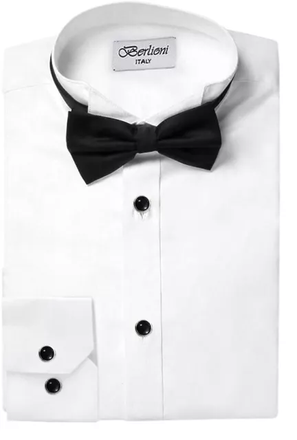 Men's White Formal Tux Tuxedo Pleated Dress Shirt Bow Tie Included 2 Collars