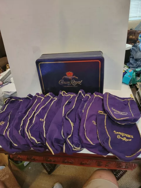 Large Crown Royal Tin Box With 11 Crown Royal 12" Bags and 2 Seagrams 9" Bags