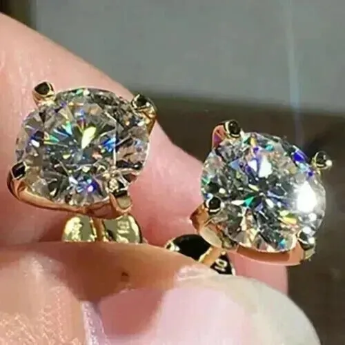 14K Yellow Gold Plated 2Ct Round Lab Created Moissanite Solitaire Stud Earrings