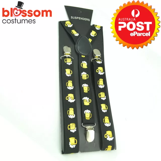 N1192 Yellow Beer Mugs Braces Suspenders Oktoberfest Adult Costume Accessories