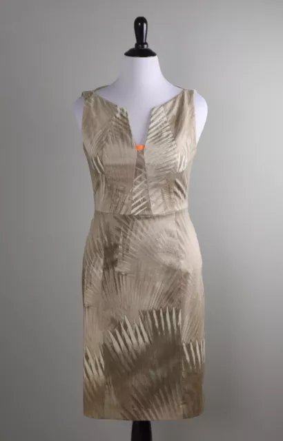 ELIE TAHARI $328 Beige Palm Fronde Neon Trim Lined Pencil Dress Size 12