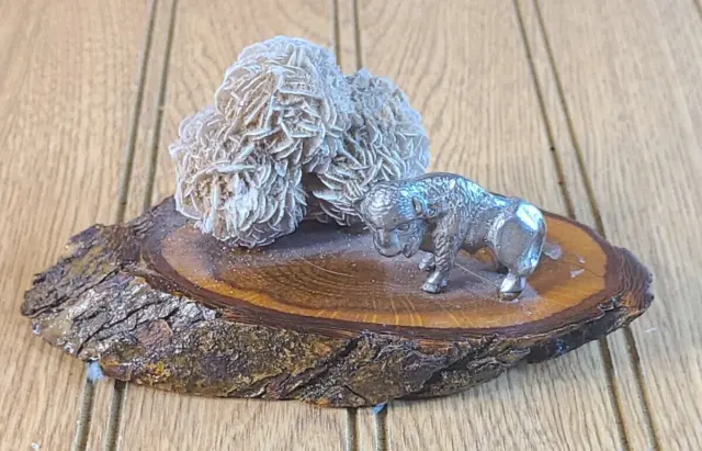 Pewter Bison/Buffalo on Wood Plank With Boulders