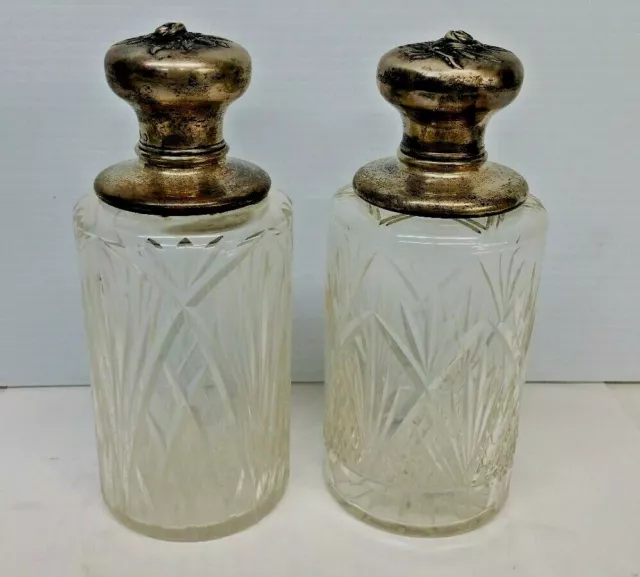 Antique Pair Baccarat Crystal Cognac Decanter With Sterling Silver Lid