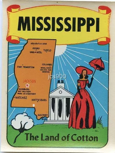 VINTAGE MISSISSIPPI STATE LAND OF COTTON SOUVENIR TRAVEL DECAL ORIGINAL 1950s