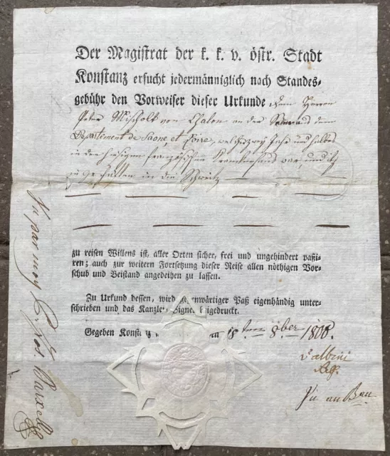 VERY RARE ! Reisepass 1800 Konstanz für Reise in Schweiz Pierre Michaud passport