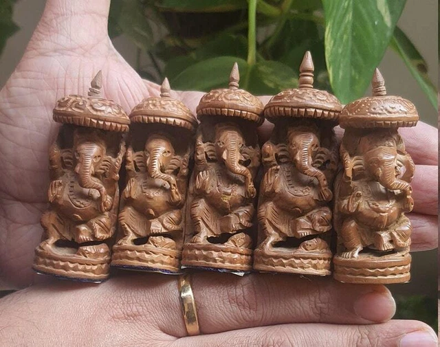 5 Sandalwood Ganesha Carved Lord Statue India Sandal Vintage Wood Hand Ganesh