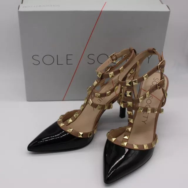 SOLE SOCIETY TIIA Studded T-Strap Pointed Dress Pumps Black Nude