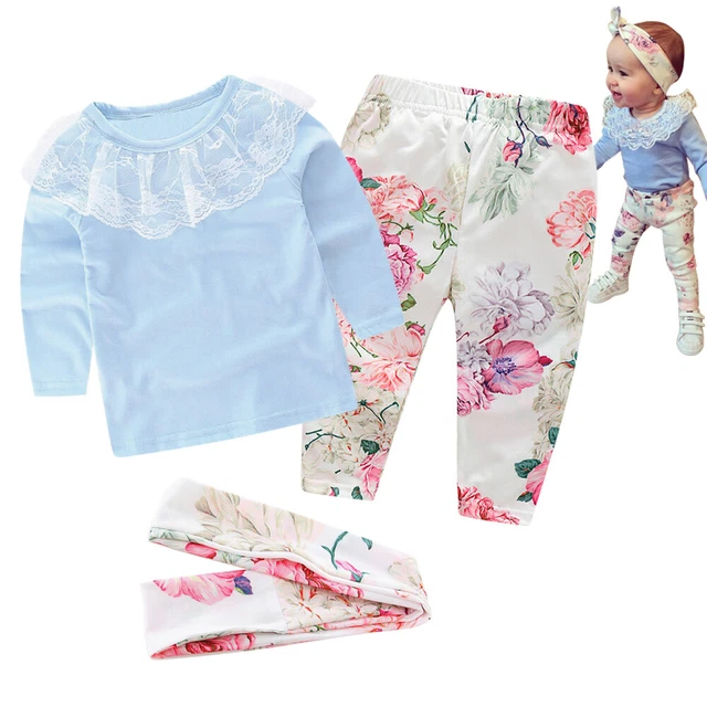Top neonate a maniche lunghe + pantaloni floreali + fascia 3 pz set abiti NUOVI