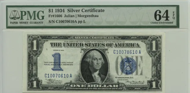 1934 $1 Silver Certificate Blue Seal Fr# 1606 PMG 64 EPQ