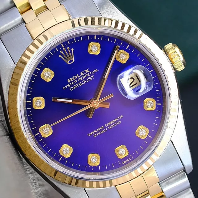 Rolex Men's Datejust 16233 Two-Tone Blue Diamond Dial Fluted Bezel 36Mm Watch