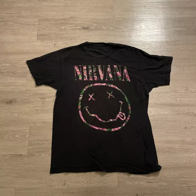 Nirvana Band T Shirt Smiley Face Black Adult Unisex Large Floral