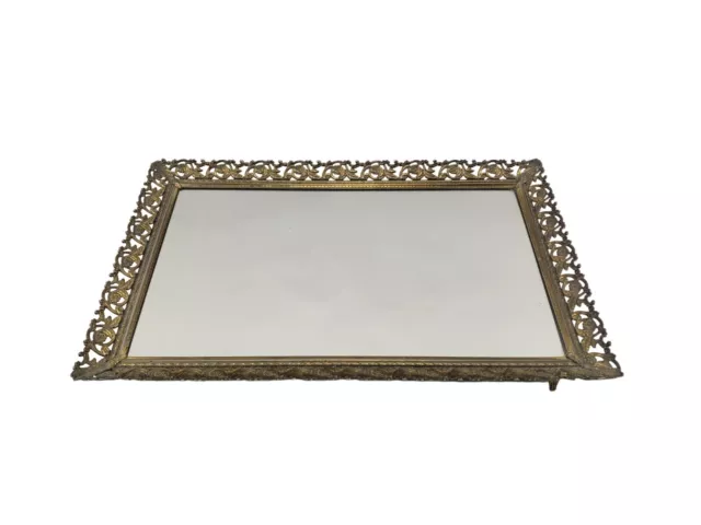 Vintage Mirror Vanity Dresser Perfume Tray Gold Filigree Leaf Ornate Metal Frame