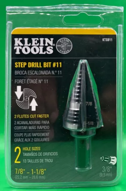 Klein Tools KTSB11 Double Fluted Step Drill Bit 7/8" or 1 1/8' holes