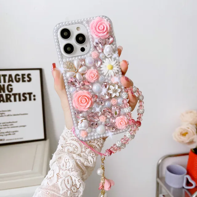Bling Glitter Flower Diamond Case Cover with Strap For iPhone 14 Pro Max