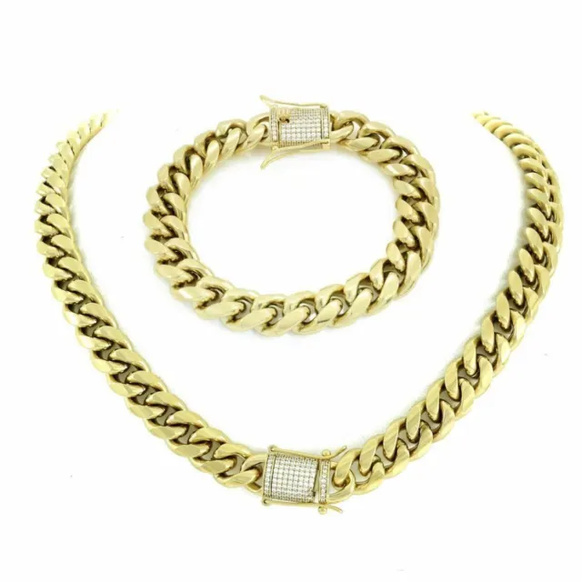Mens Cuban Miami Link Bracelet & Chain Set 14k Gold Plated 12mm *CZ Clasp*