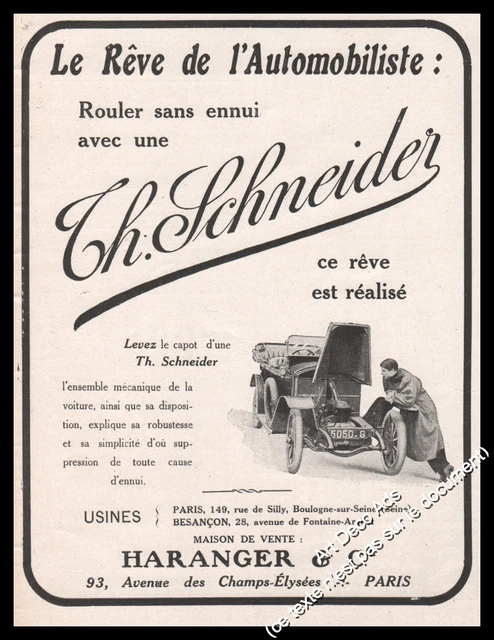 Publicité Automobile Th. Schneider car Vintage Ad Advertising 1913