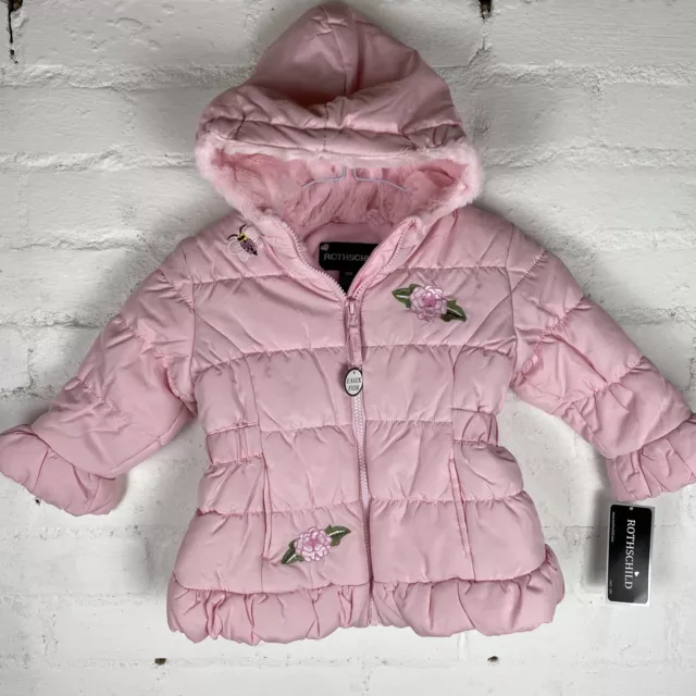 Rothschild embroidered skater Puffer Coat with Faux Fur petal pink - 18 months