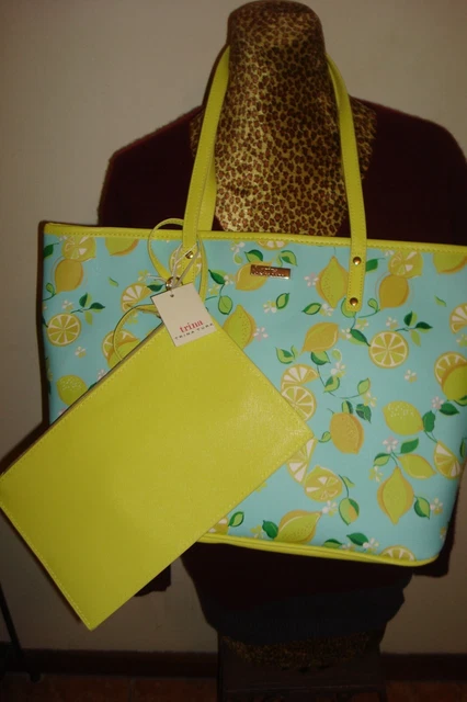 NWT Trina Turk Large Tote Bag w/Zip Case Lemon Print blue/Yellow
