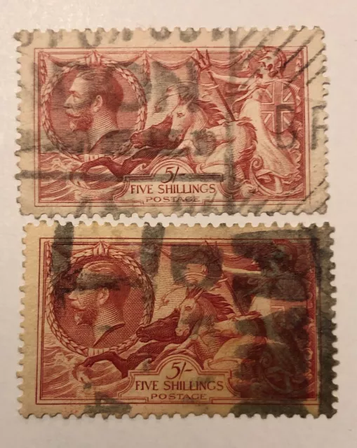 Pair Great Britain Scott #180 stamp - used - 1919 - 5sh Seahorse - very nice !!