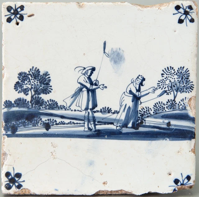 Nice Dutch Delft Blue tile, shepherds in landscape, late 17th century.