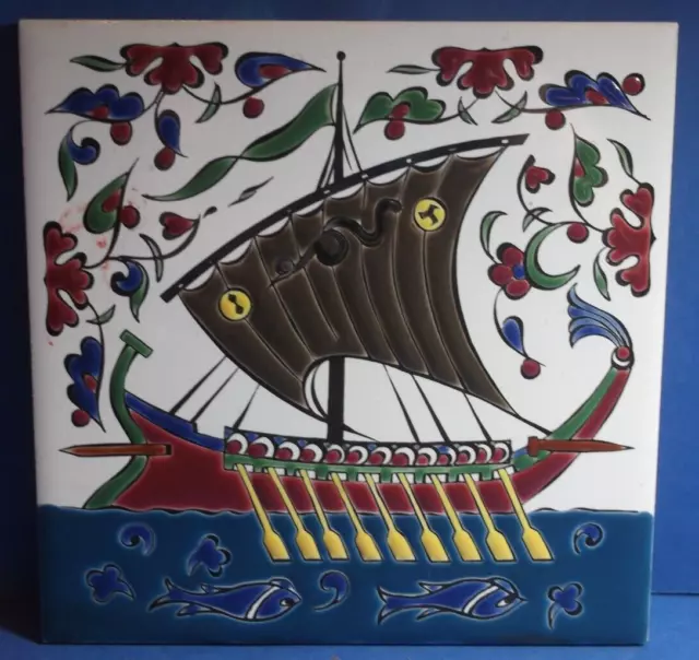 Vintage Ancient Greek Ship Trireme Tile Hand Made Nassos Keramik Paradissi-Rodos