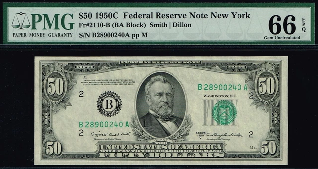 TOP POP NOTE.  $50 1950C  New York FRN. PMG 66 EPQ. Nice Note