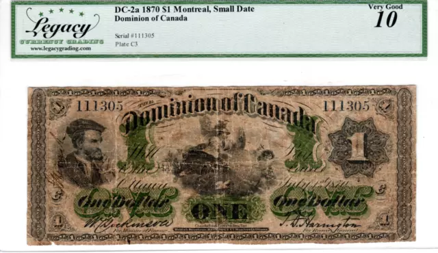 CANADA(Dominion of Canada) Montreal Small Date $1 Dollar 1870 VG-10 LCG CH-DC-2a