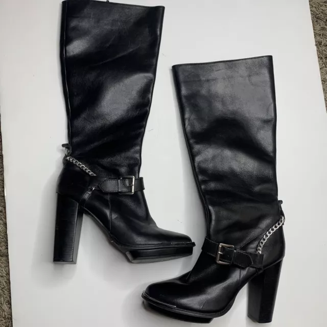 ABS Allen Schwartz Black Leather Platform Heeled Biker Boots Women's Size 9