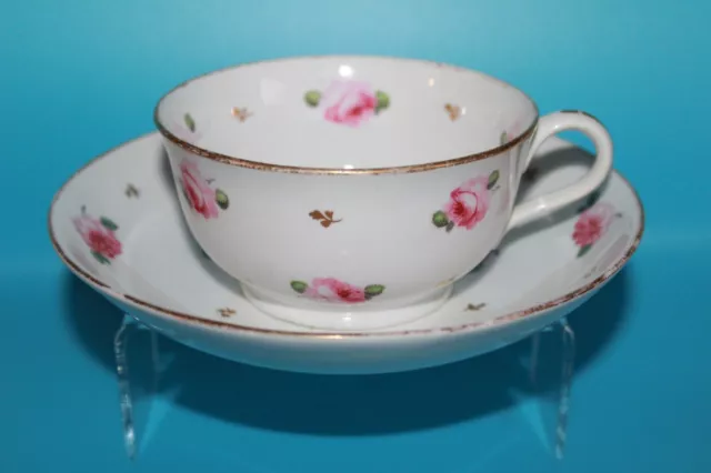 Matched Antique Derby Porcelain Large Tea Cup & Saucer Pink Rose Pattern