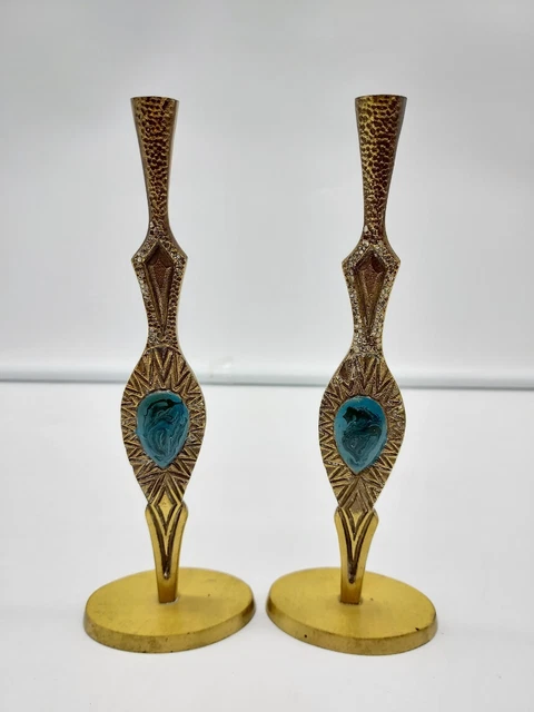 Vintage Pair of Oppenheim Israel Shabbat Candlesticks Brass 7” Hand Painted Vintage Pair of Oppenheim Israel Shabbat Candlesticks Brass 7” Hand Painted
