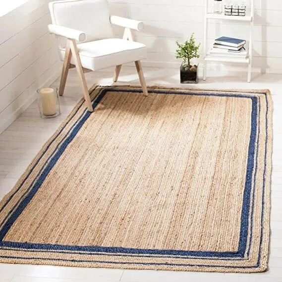 Natural Rectangle Jute Rug  Handmade Area /Floor Rug for Home Decor- Beige+Blue