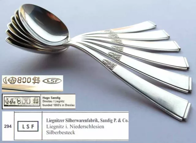 Set, 6 Art Deco Coffee Tea Spoon, Lsf , Hugo Sandy, 800er Silver G251