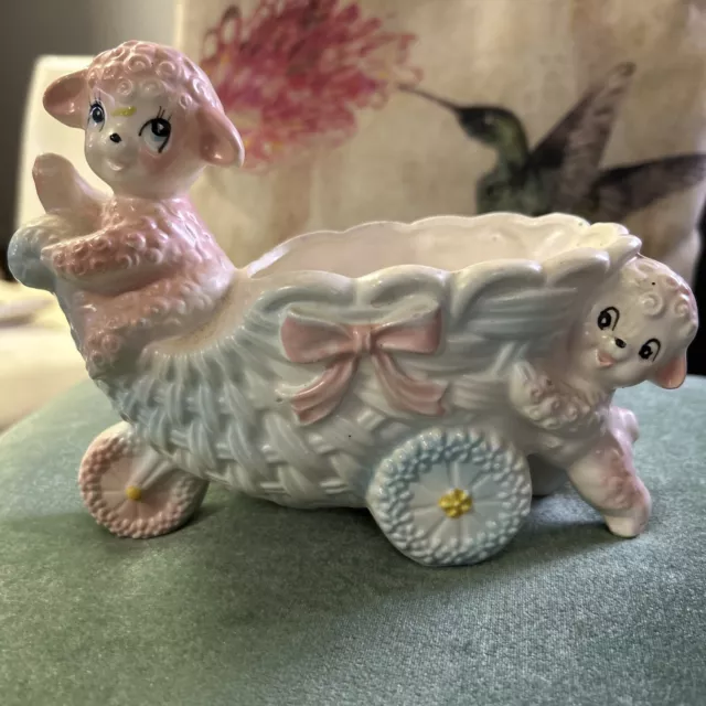 Vintage Baby Lambs Buggy Planter Brinns Pittsburgh Japan Pink White Blue